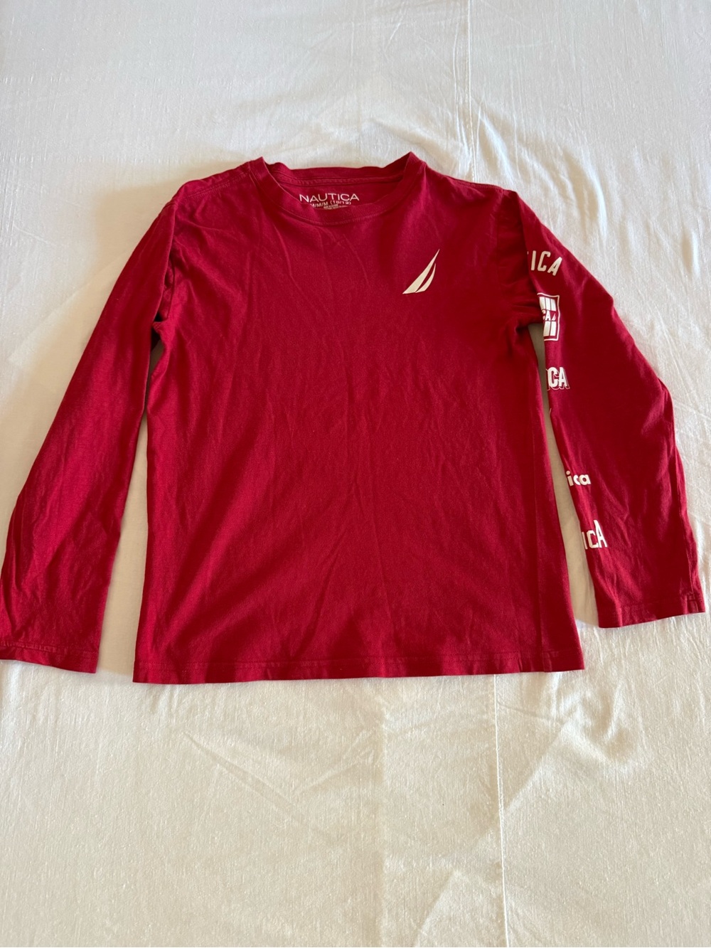 Nautica Boys Red Long Sleeve Graphic T-Shirt Logo Sleeve Youth Medium 10/12